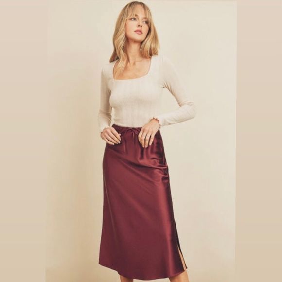 Satin Wine Midi Slip Skirt - Picture 7 of 8